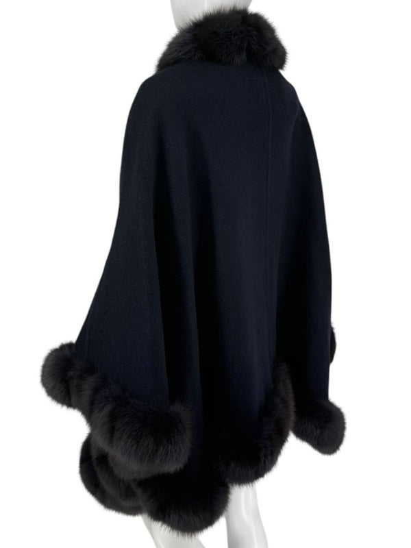Pamella Roland Navy Cashmere Blend Cape with Genuine Fur Trim - One Size