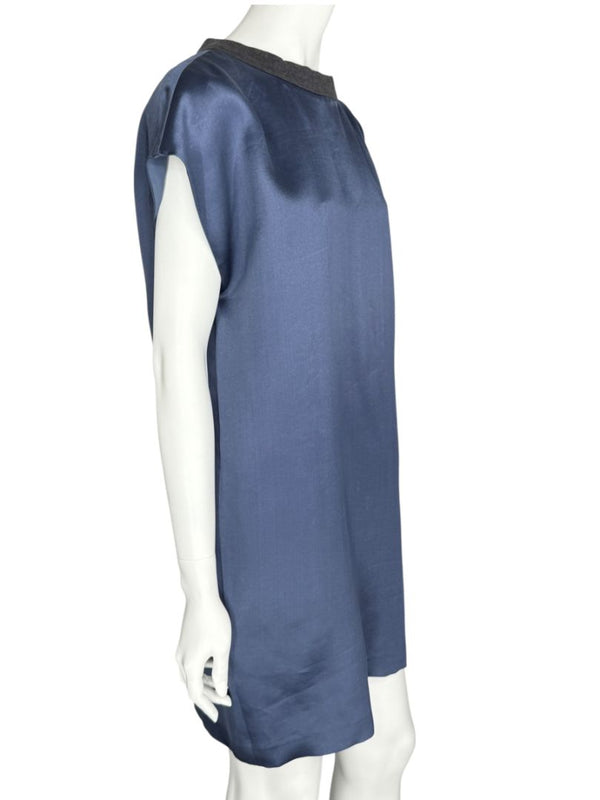 Brunello Cucinelli Navy Silk Shift Dress with Contrast Trim – Size XL- NEW