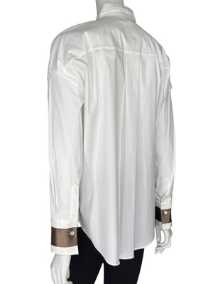 Brunello Cucinelli White Relaxed Satin Cuff Blouse – Size M- NEW