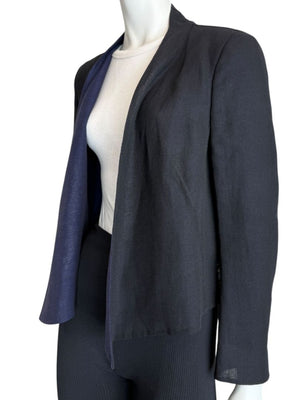 Akris Bergdorf Goodman Linen-Blend Cropped Open Jacket – Black & Navy – Size US 10