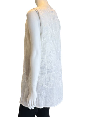 Fendi White Linen Sleeveless Tunic with Textured Floral Appliqué – Size L