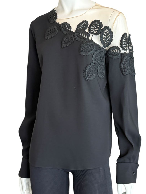 Oscar de la Renta Resort 2019 Black Silk Embroidered Illusion Neck Blouse – Size 8 - NWT