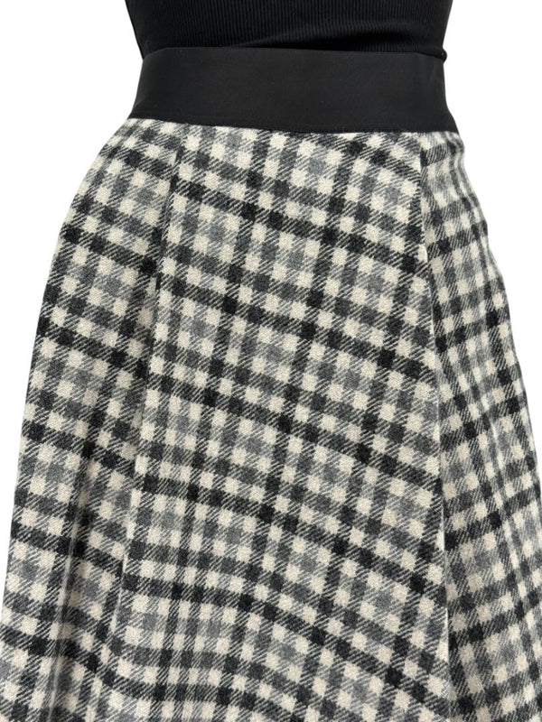 Brunello Cucinelli Black & Ivory Checked Wool Skirt with Fringe Hem – Size IT 44 (US 8)