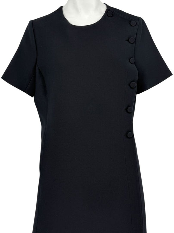 Christian Dior Paris Black Wool-Silk Shift Dress with Asymmetric Button Detail – Size FR 42 (US 10)