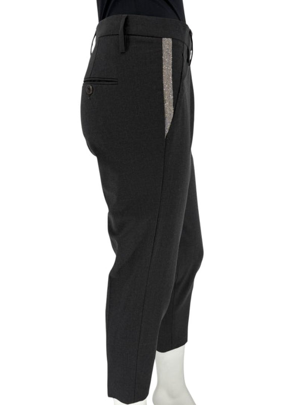 Brunello Cucinelli Grey Wool-Blend Cropped Pants with Monili Trim – Size IT 46 / US 10