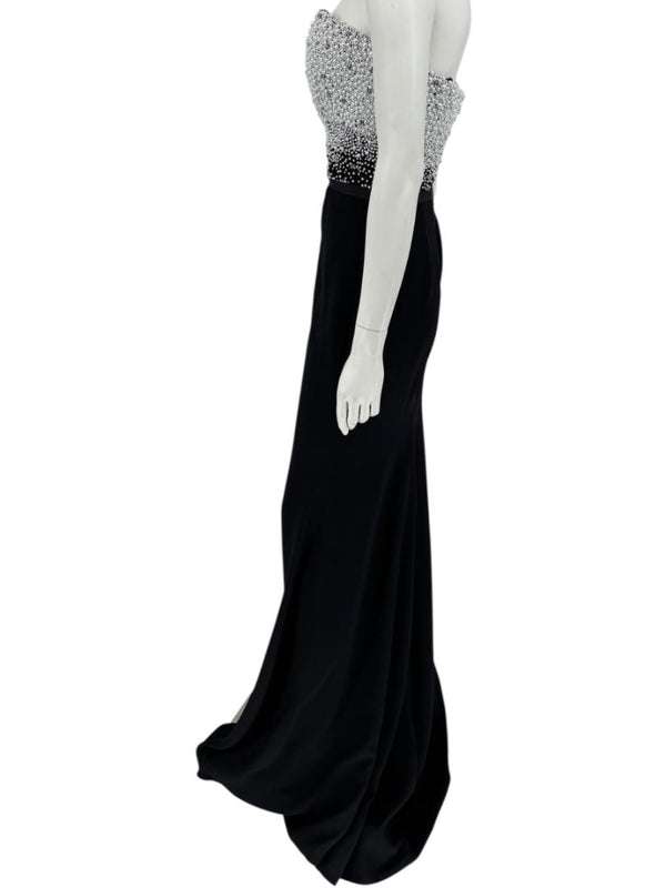 Pamella Roland Black Strapless Gown Silver Pearl Crystal Beaded Bodice Size 8 Evening Dress