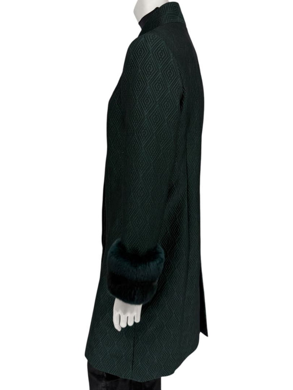 Pamella Roland Emerald Green Jacquard Coat with Fur-Trimmed Sleeves – Large
