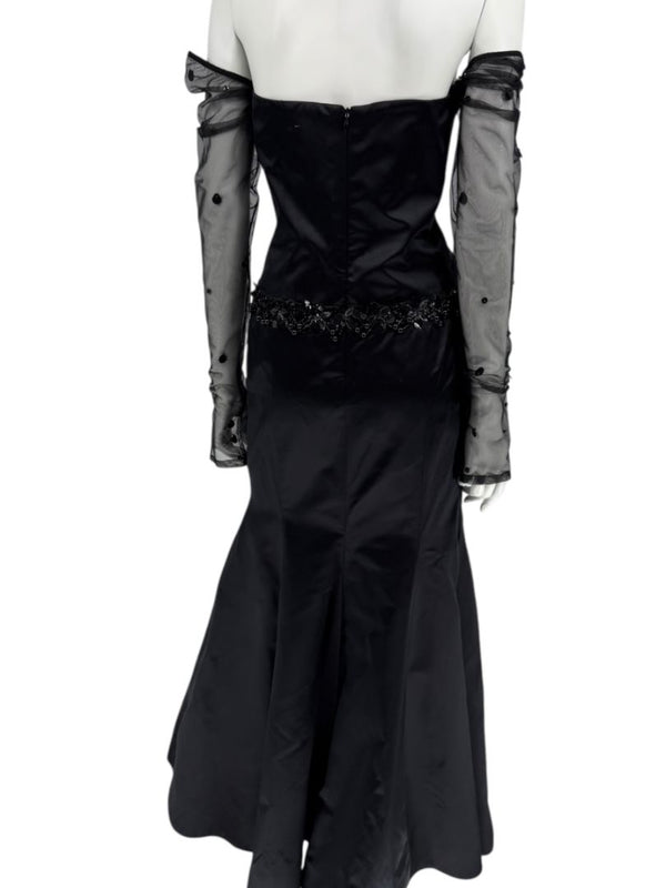 Pamella Roland Black Strapless Evening Dress Embellished Waist Sheer Sleeve Formal Gown - Size 6