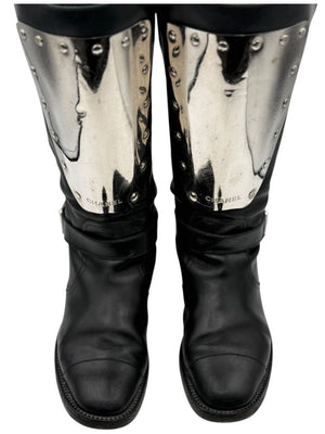 Chanel Black Leather Moto Boots with Silver Armor Plate – Size 40.5