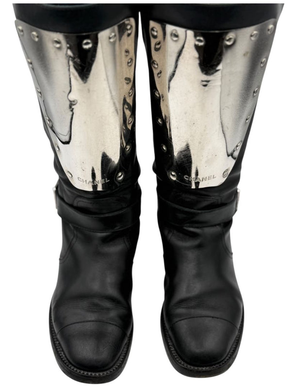 Chanel Black Leather Moto Boots with Silver Armor Plate – Size 40.5