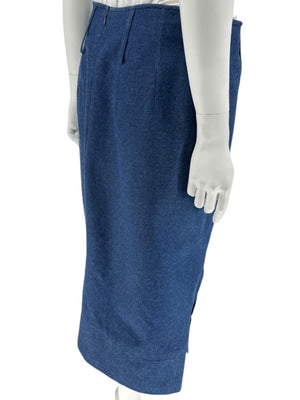 Christian Dior Boutique Blue Denim Midi Skirt with Gold Buttons – Size 14