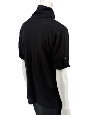 Burberry London Black Wool Short-Sleeve Pleated Funnel-Neck Top – Size L