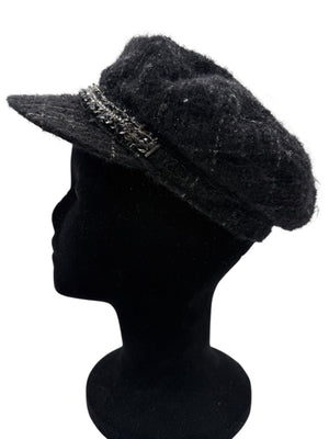 CHANEL Black Tweed Newsboy Cap with Signature Chain Trim