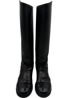 Chanel CC Captoe Black Leather Riding Boots – Size 36.5