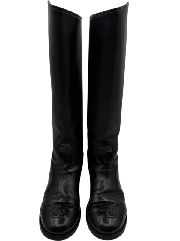 Chanel CC Captoe Black Leather Riding Boots – Size 36.5