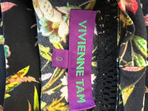 Vivienne Tam Black Floral & Peacock Print Mesh-Trim Top – Size 0