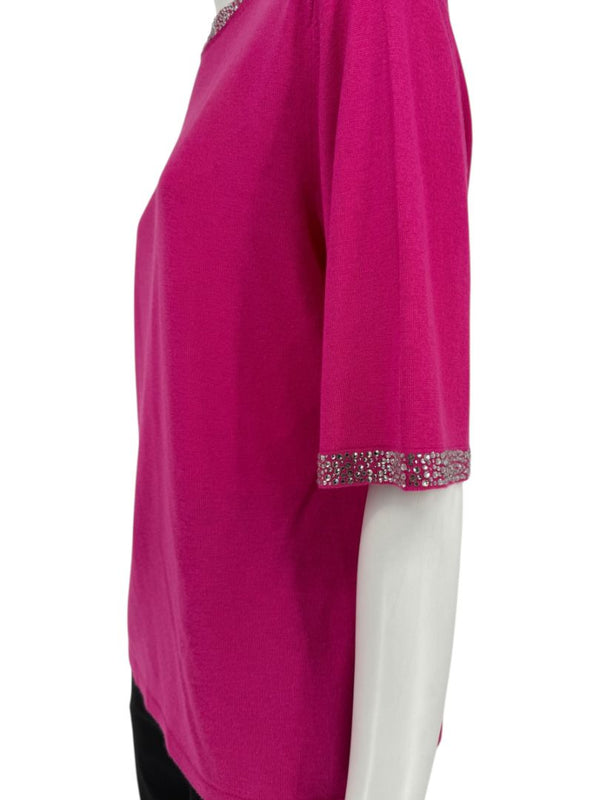 Neiman Marcus Cashmere Collection Fuchsia Embellished Short-Sleeve Sweater – Size XL