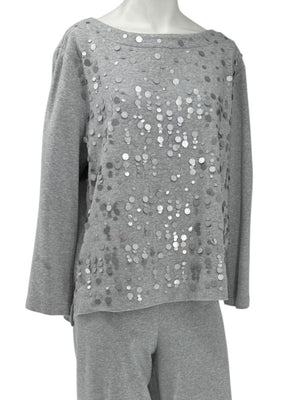 Joan Vass Gray Sequin-Embellished Knit Top & Pant Set – Size XL