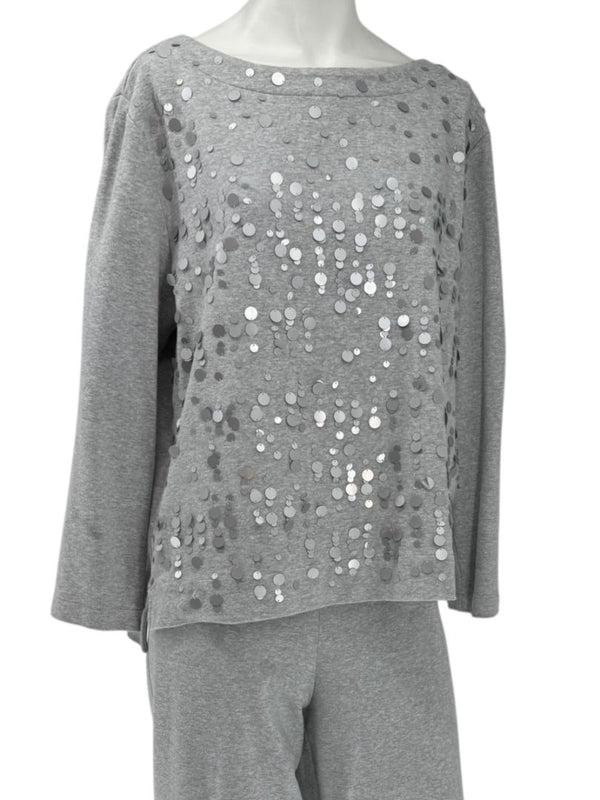 Joan Vass Gray Sequin-Embellished Knit Top & Pant Set – Size XL