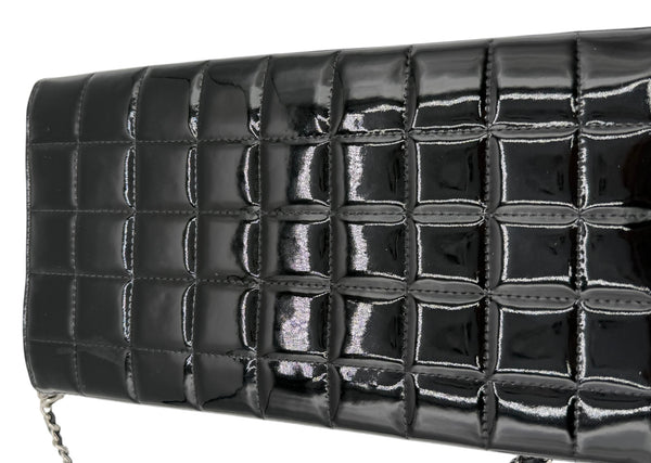 Chanel Black Patent Leather Chocolate Bar Clutch On Chain
