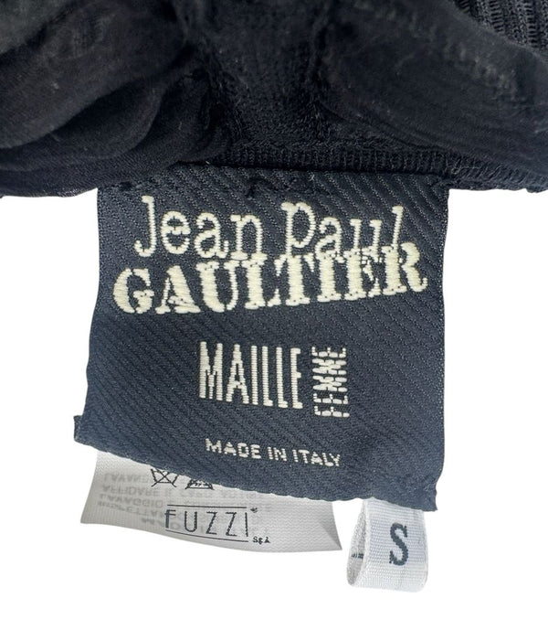 Jean Paul Gaultier Black Ribbed Sheer Top with Puff Sleeves - S