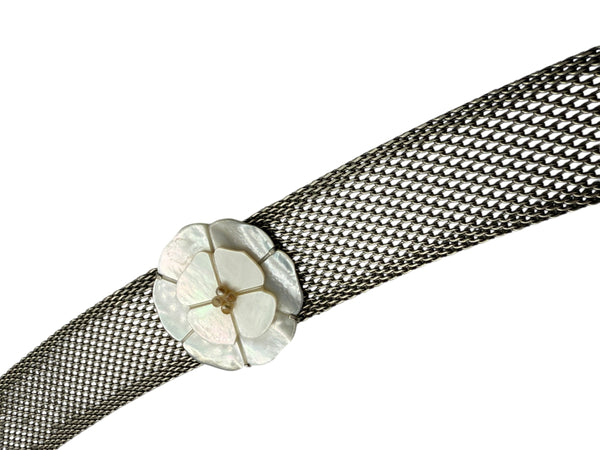 CHANEL Camellia with mesh silver choker collar.