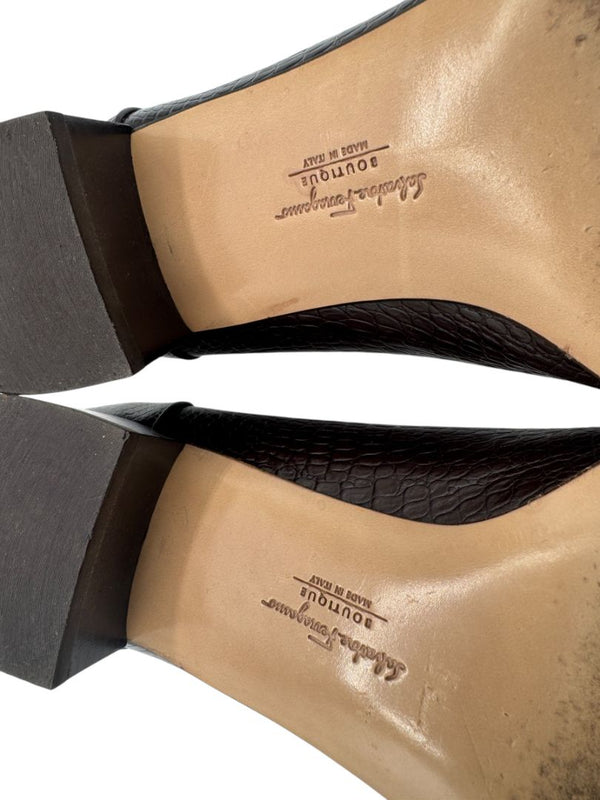 Salvatore Ferragamo Black Croc-Embossed Leather Loafers with Gold Gancini – Size 10.5 B (Made in Italy)