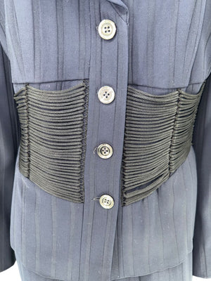 Armani Collezioni Navy Pinstripe Pantsuit with Corset-Style Waist Trim – Size IT 48