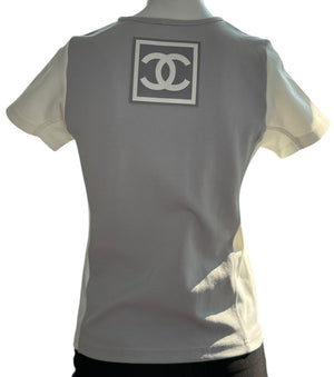 Chanel Two-Tone Grey & Cream Logo Tee – Size FR 42 (US 8)