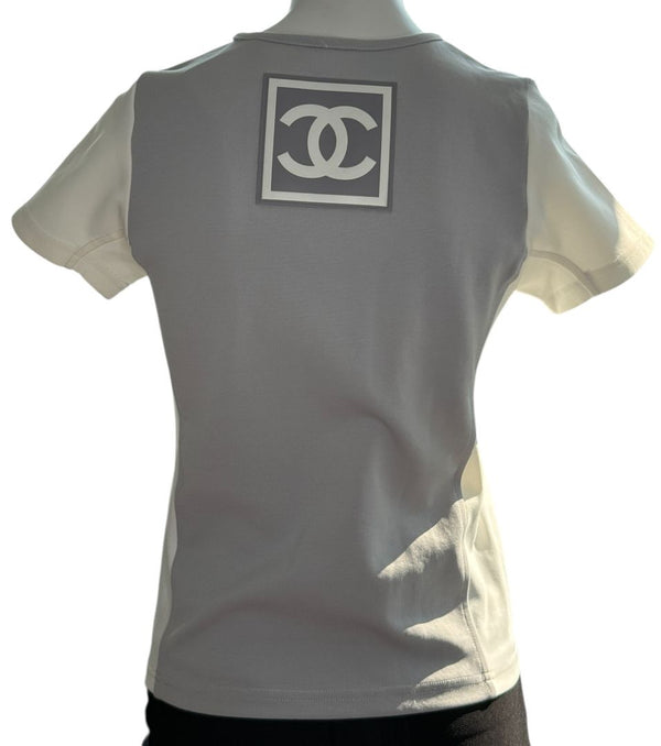 Chanel Two-Tone Grey & Cream Logo Tee – Size FR 42 (US 8)