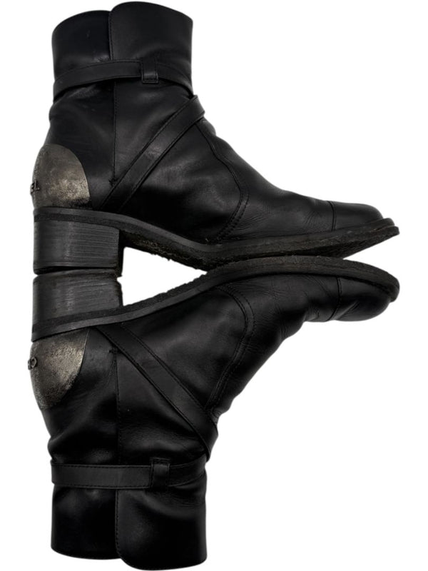 Chanel Black Leather Ankle Boots with Distressed Logo Heel – Size 40 (US 10)