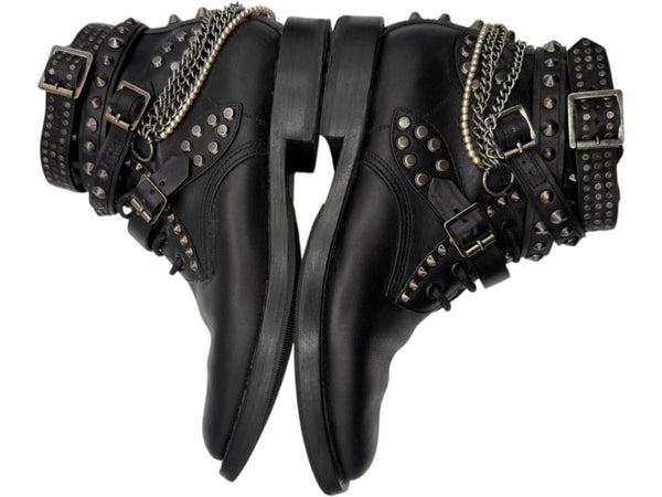 Saint Laurent Studded Leather Ankle Boots with Chains – Size 40
