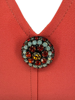 Pamella Roland Sleeveless Shift Dress in Coral with Beaded Brooch Detail