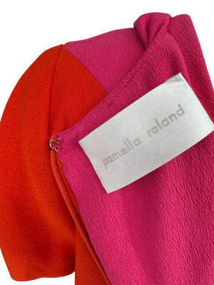 Pamella Roland Colorblock Crepe Shift Dress in Fuchsia & Red