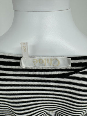Chloé Black & White Striped Cotton Dress with Cuffed Tie Sleeves - Small