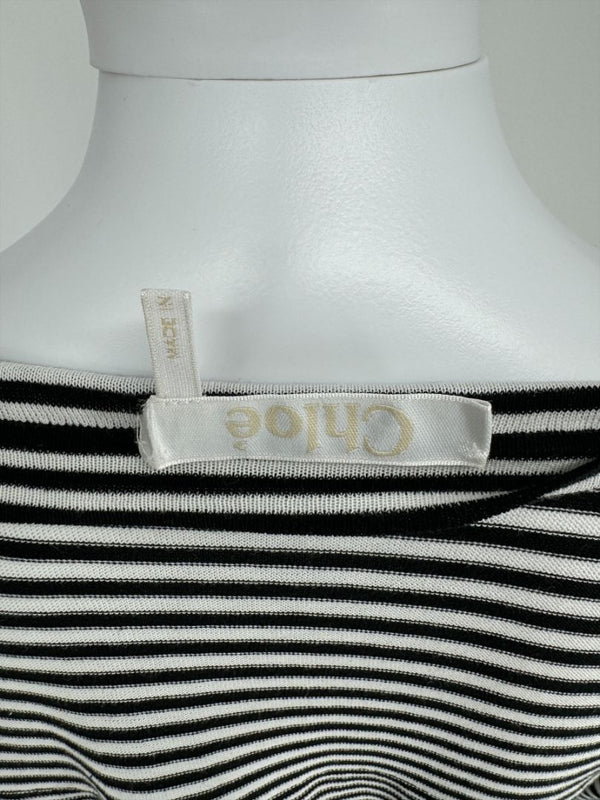 Chloé Black & White Striped Cotton Dress with Cuffed Tie Sleeves - Small