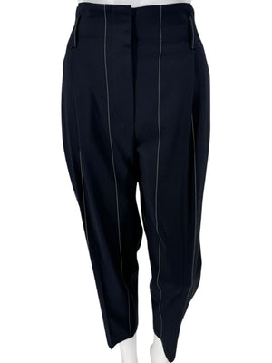 Brunello Cucinelli Navy Pinstripe Wool Pants with Belt - Size 8