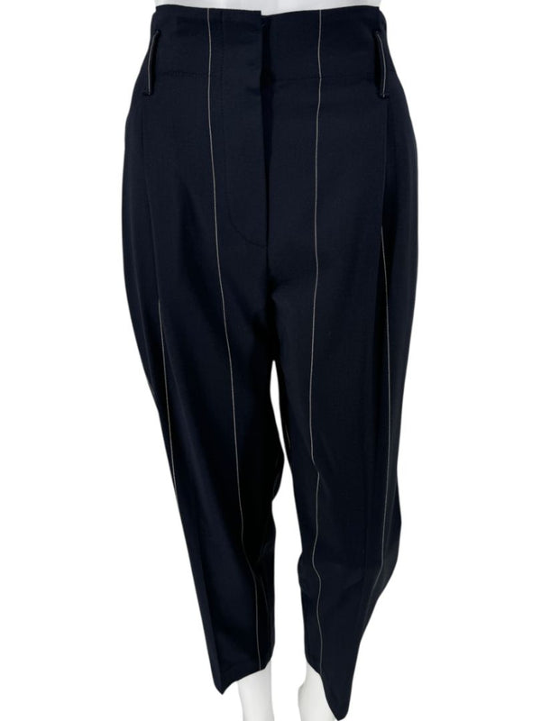 Brunello Cucinelli Navy Pinstripe Wool Pants with Belt - Size 8