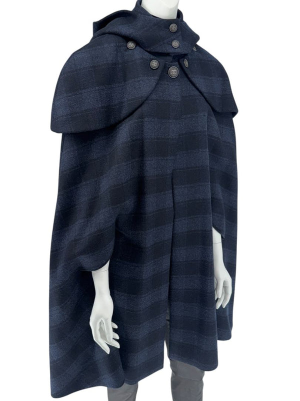 Chanel Navy & Black Plaid Wool Hooded Cape with Logo Buttons – Size FR 44 - *RARE*