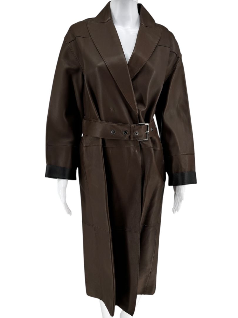 Brunello Cucinelli Chocolate Leather Belted Coat - Size 4