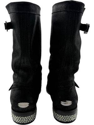Jimmy Choo Black Suede Buckle Boots with Crystal Heels – Size 39.5