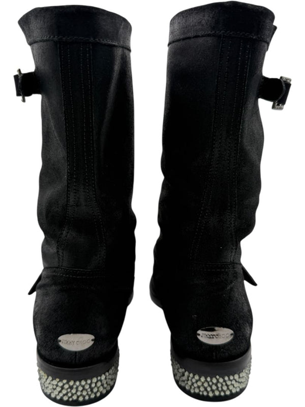 Jimmy Choo Black Suede Buckle Boots with Crystal Heels – Size 39.5