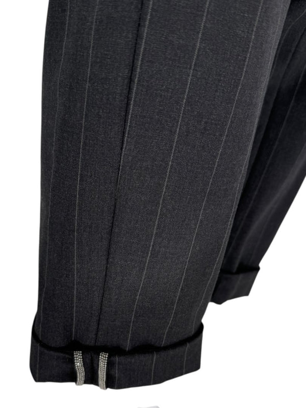 Brunello Cucinelli Charcoal Pinstripe Wool Pants with MONILI Trim – Size IT 46 / US 10