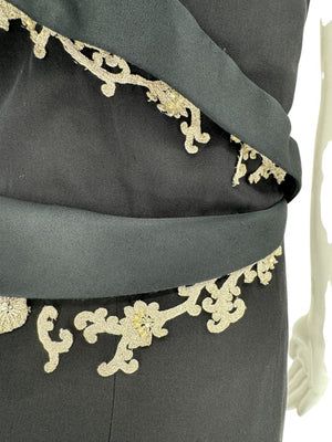 Pamella Roland Black One-Shoulder Gown with Embroidered Gold Appliqué - Large
