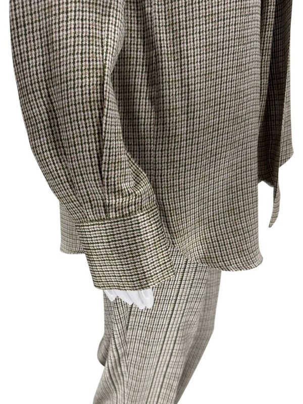 Kiton Olive & Taupe Silk Houndstooth Blouse and Pant Set – Size 46 (Fits M/L)