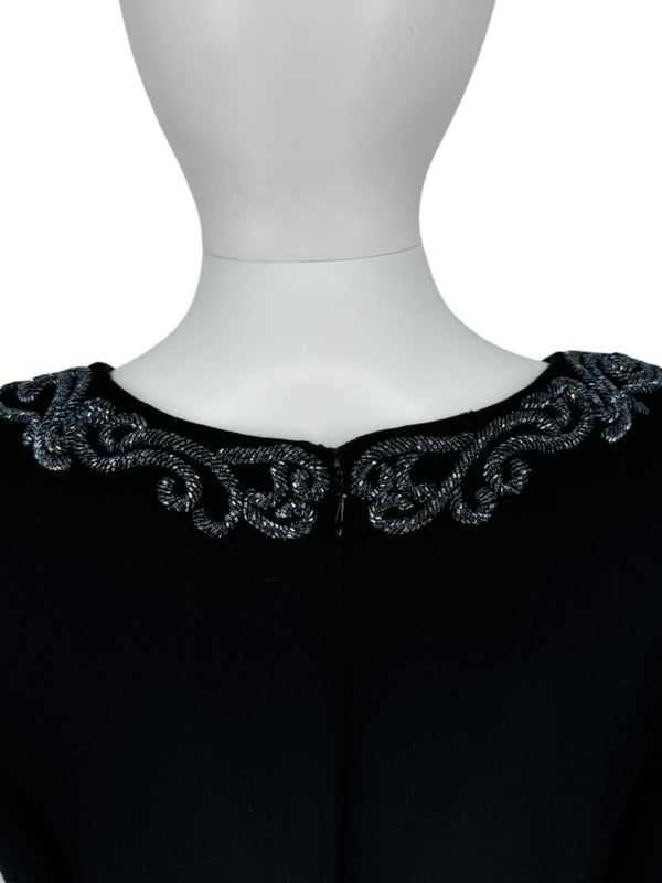 Pamella Roland Black Sleeveless Sheath Dress with Beaded Scroll Embellishment – Large