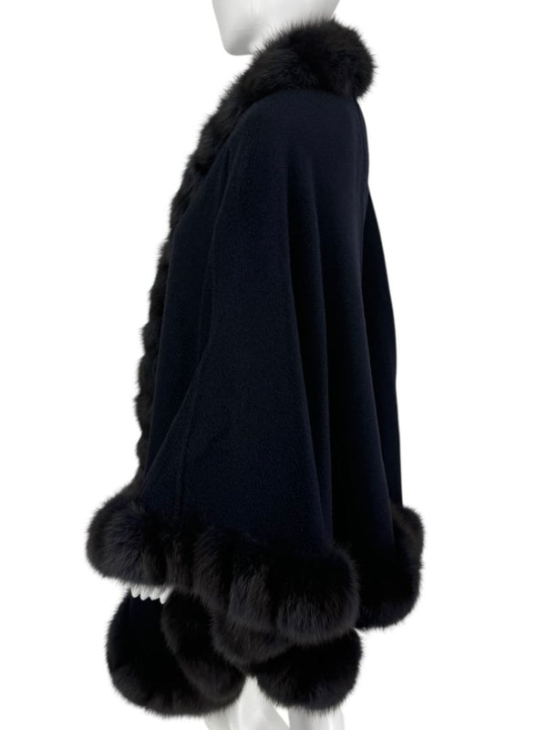 Pamella Roland Navy Cashmere Blend Cape with Genuine Fur Trim - One Size