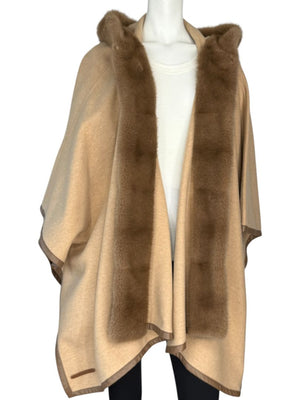 Agnona Camel Cashmere Cape with Fur Trim & Hood – One Size- NEW