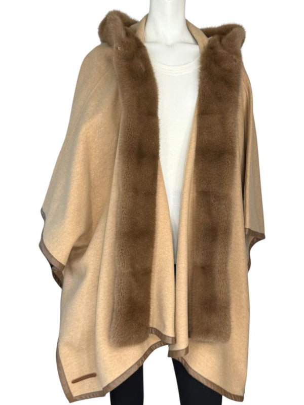 Agnona Camel Cashmere Cape with Fur Trim & Hood – One Size- NEW