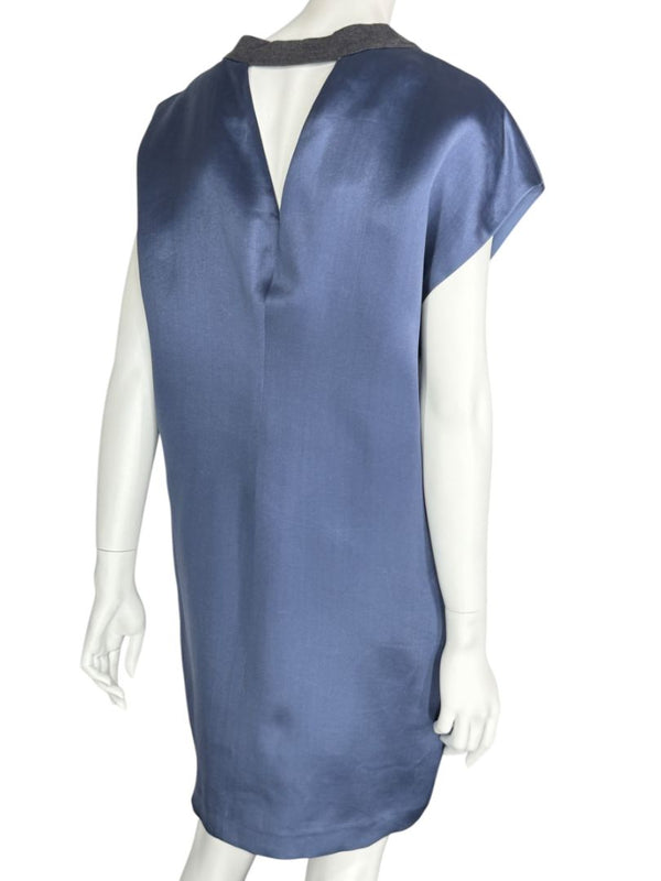 Brunello Cucinelli Navy Silk Shift Dress with Contrast Trim – Size XL- NEW